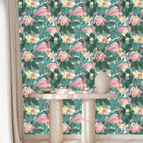 Behang Hawaïaanse bloemen en flamingo's