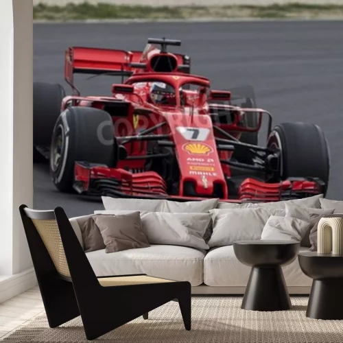 Sticker BARCELONA, SPANJE - FEBRUARI 26, 2018: Kimi Raikkonen tijdens de Testdagen van de Formule 1 die viert op het circuit van Barcelona Catalunya.