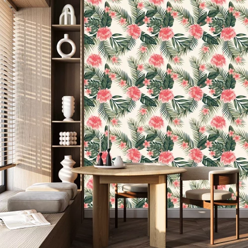 Behang Hibiscusbladeren en bloemen