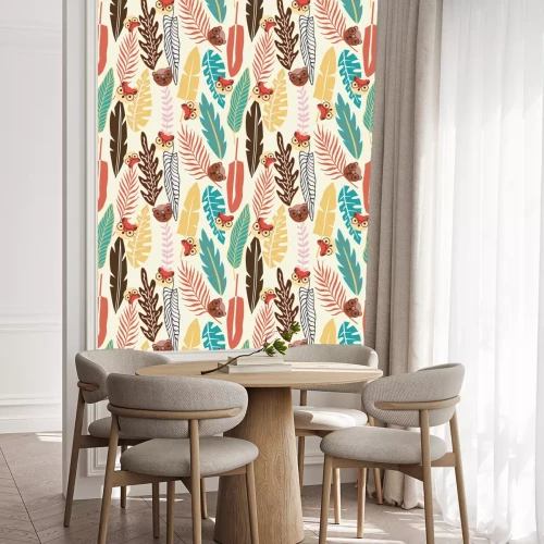 Behang Abstracte kleuren tropische bladeren vlakke dierlijke naadloze achtergrond