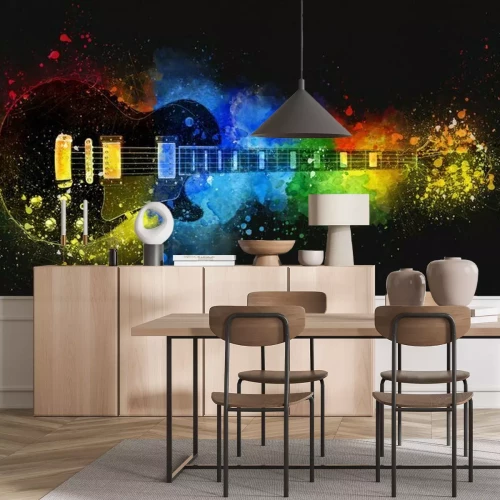 Fotobehang Zwarte gitaar met gekleurde poeders