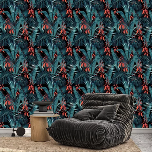 Behang Grote exotische bladeren in donkere kleuren