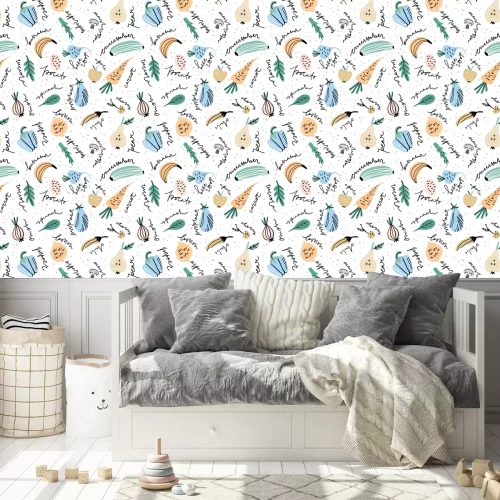 Behang Grafische groenten en fruit met bijschriften