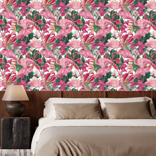 Behang Roze flamingo's met bloemen op een achtergrond van bladeren