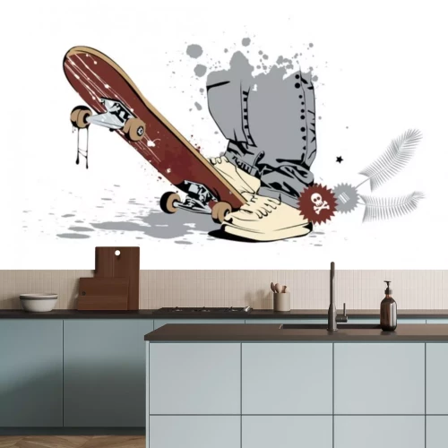 Sticker skateboard met zijn voeten in sneakers en jeans