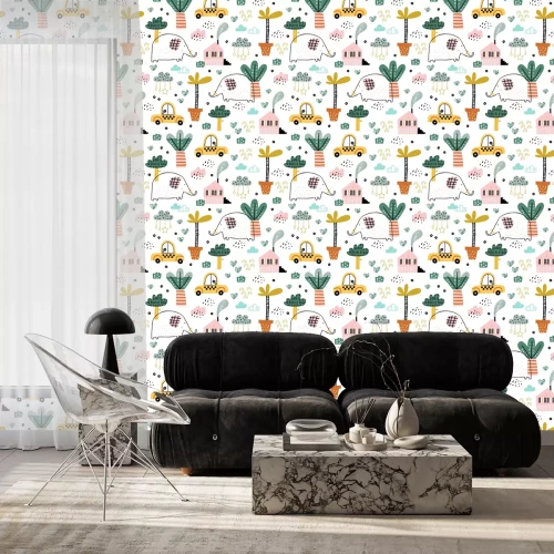 Behang Baby naadloos patroon met schattige olifanten, auto's, wolken en tropische planten. Vector textuur in kinderachtige stijl geweldig voor stof en textiel, achtergronden, achtergronden. Pastelkleuren.