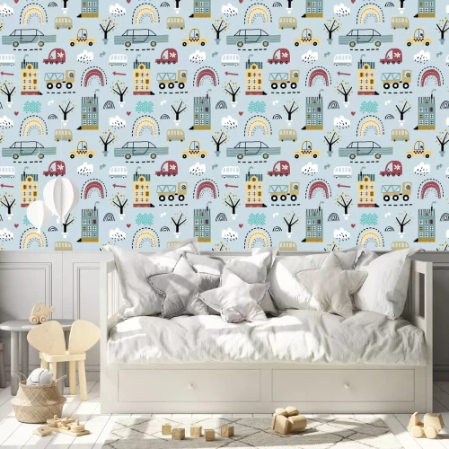 Behang Kinderachtig naadloos patroon met gebouwen, weg, vervoer, abstracte bomen. Vector textuur in kinderachtige stijl geweldig voor stof en textiel, achtergronden, achtergronden. Creatieve stad kinderachti