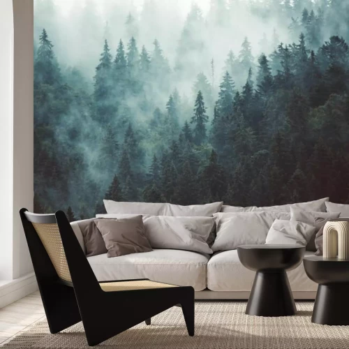 Fotobehang Mistig donker sparrenbos