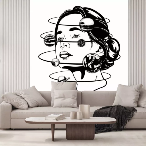 Sticker Vector hand getrokken illustratie van jonge mooie vrouw, geometrische compositie en planeten. Sjabloon voor kaart, poster, banner, print voor een t-shirt.