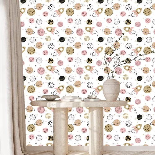 Behang Naadloos kinderachtig ruimtepatroon met hand getrokken planeten en raketten.