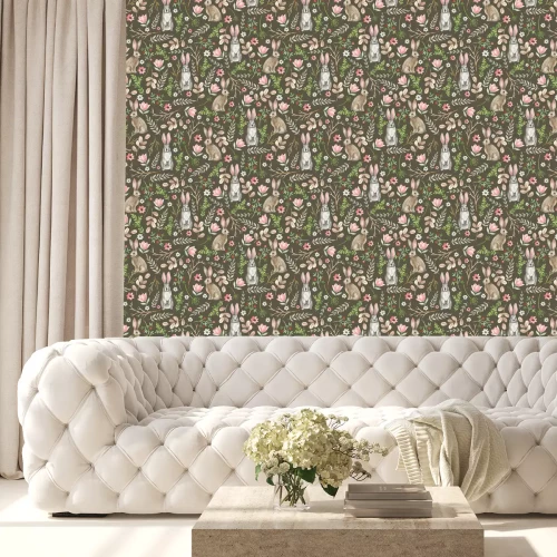 Behang Konijntjes en tere planten