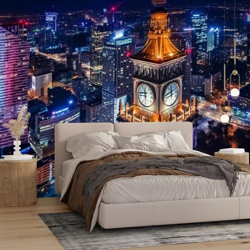 Fotobehang Panorama van Warschau bij nacht, uitzicht van bovenaf