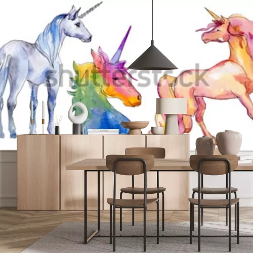 Sticker Drie veelkleurige eenhoorns aquarel illustratie