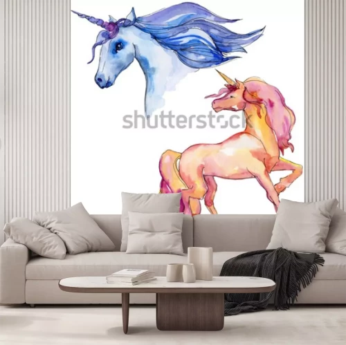 Sticker Twee kleurrijke eenhoorns aquarel tekeningen