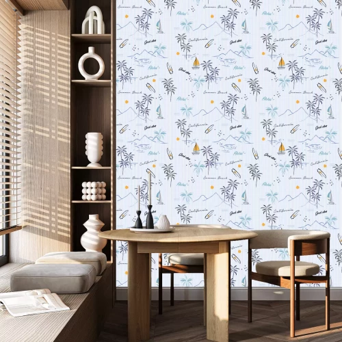 Behang Zomersymbolen op blauwe en witte strepen