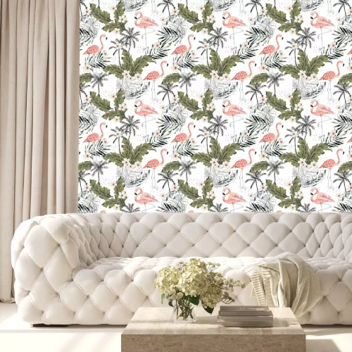 Behang Tropische roze flamingovogels, plumeriabloemen, palmbladen, bomen witte achtergrond. Vector naadloos patroon. Grafische illustratie. Exotische jungleplanten. Zomer strand bloemdessin. Paradijs natuur