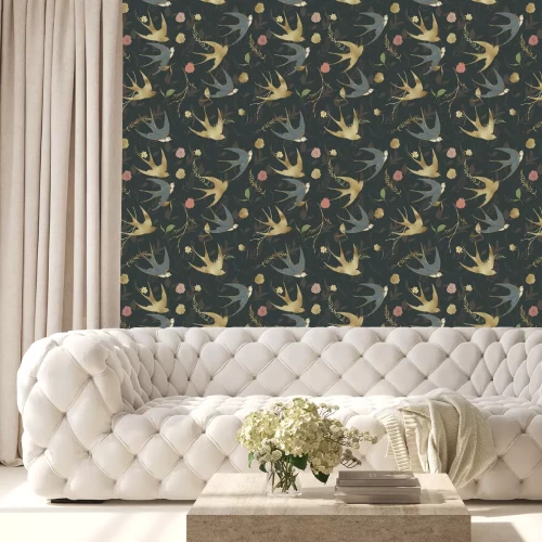 Behang Zwaluwen en bloemen