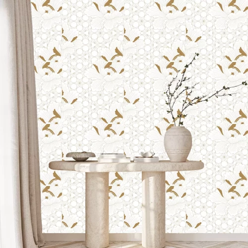 Behang Oosterse bloemen en geometrie in imitatie goud