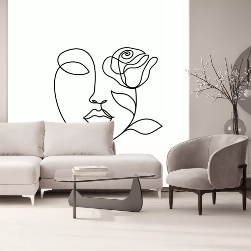 Sticker Het abstracte gezicht van de schoonheidsvrouw met nam toe. Doorlopende lijntekening