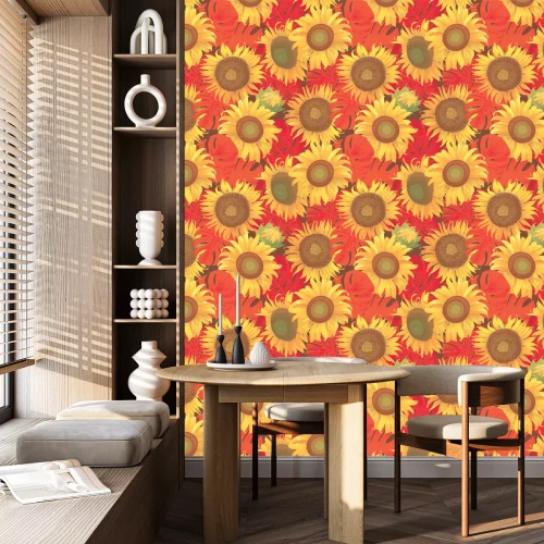 Behang Zonnebloemen en tropische bladeren