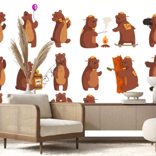 Sticker Set met grappige beer. Bosdieren zwaaien door poot, houden ballon, dansen, huilen, iemand bellen, het eten van honing uit houten vat, glimlachend. Platte vector ontwerp