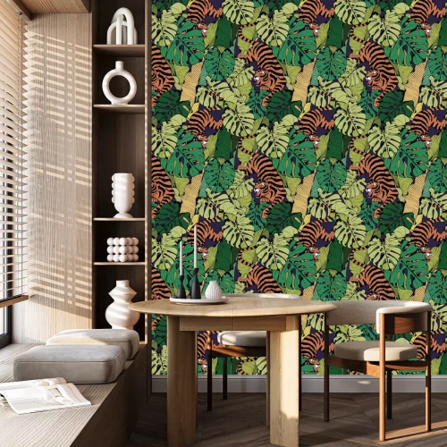 Behang Tijger in tropische bladeren. Crouching Tiger. Naadloos vectorpatroon