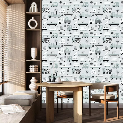 Behang Baby naadloos patroon met leuke auto. Perfect voor kinderstof, textiel, kinderkamerbehang. Vector illustratie