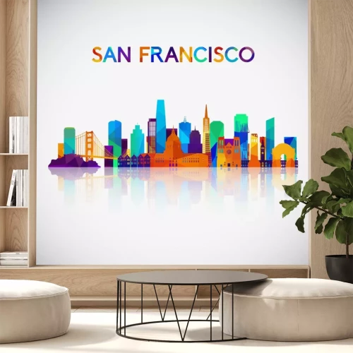 Sticker San Francisco skyline silhouet in kleurrijke geometrische stijl. Symbool voor uw ontwerp. Vector illustratie