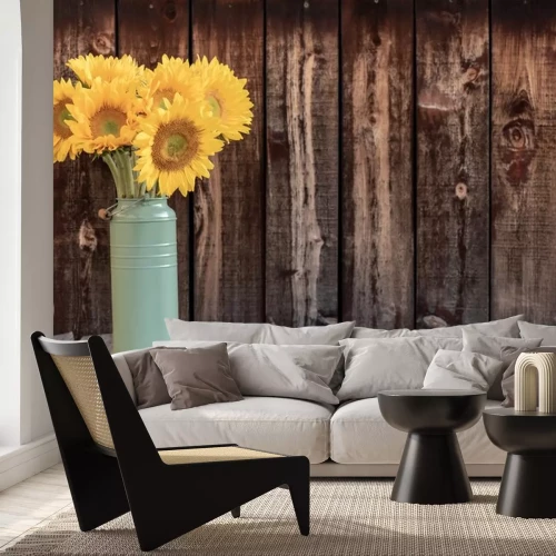 Sticker Een boeket zonnebloemen op een houten achtergrond