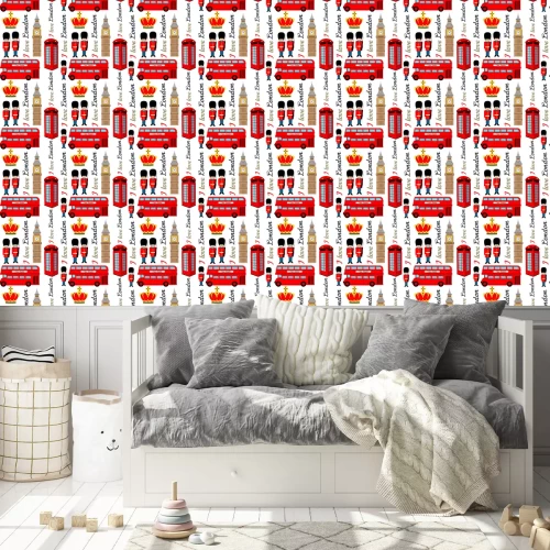 Behang Abstract naadloos Londen patroon voor meisjes of jongens. Creatieve vectorachtergrond met militair, toren, Engeland. Grappig patroon voor textiel en stof. Mode Engeland stijl. Kleurrijk helder beeld