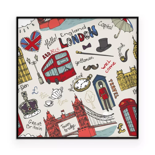 Poster Londense symbolen en opschriften in stripboekstijl.