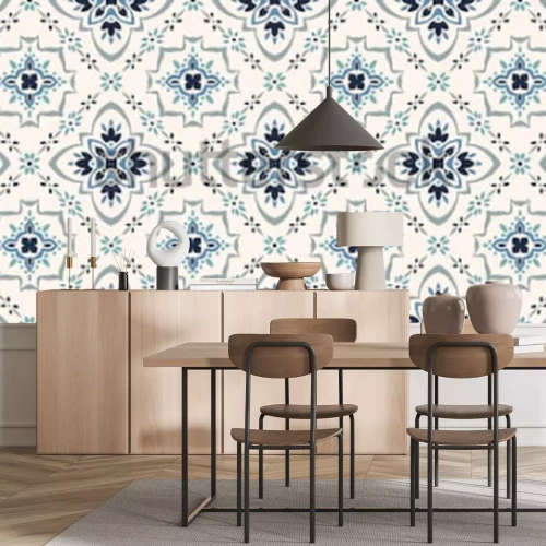 Sticker Talavera-Patroon. Azulejos Portugal. Turken sieraad. Marokkaans tegelmozaïek. Spaans porselein. Keramisch servies, folk print. Spaans aardewerk. Etnische achtergrond. Mediterrane naadloze achtergrond.