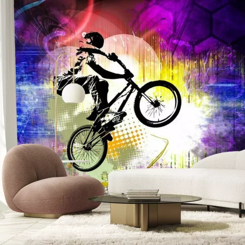 Fotobehang Een moderne illustratie van een jonge wielrenner die springt