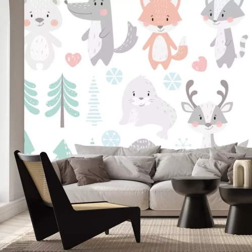 Sticker Rendier, wasbeer, zeehond, wolf, pinguïn, beer, vos baby winter set.