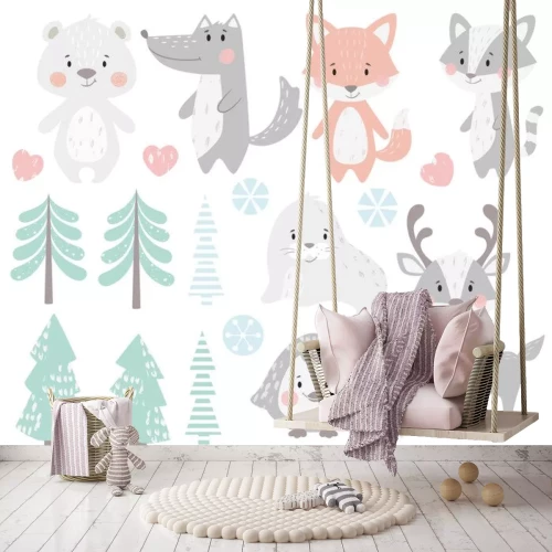 Sticker Rendier, wasbeer, zeehond, wolf, pinguïn, beer, vos baby winter set.