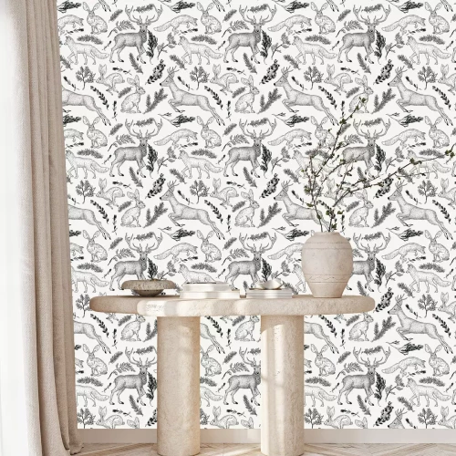 Behang Winter naadloze patroon met herten, vossen, haas en groenblijvende planten in vintage stijl. Handgetekende decoratie voor papier, textiel, inpakdecoratie, scrapbookingateliers, t-shirt, kaarten.