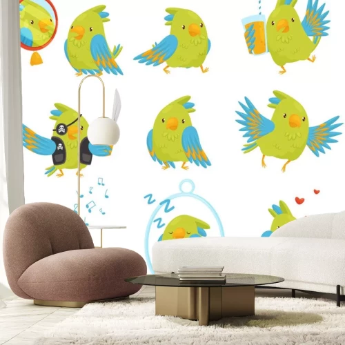 Sticker Platte vector set van papegaai in verschillende situaties. Leuke vogel met felgroene en blauwe veren. Grappig stripfiguur