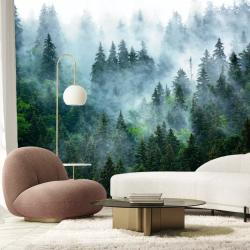 Fotobehang Ochtendmist boven het dichte bos