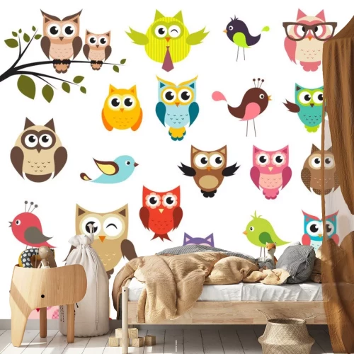 Sticker Illustraties van kleurrijke uilen en andere vogels