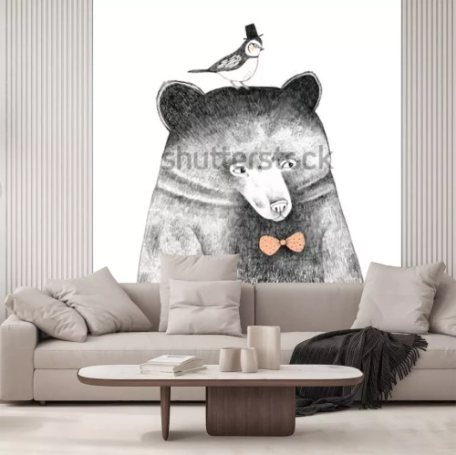 Sticker Bier met een vogel op zijn hoofd - potloodtekening