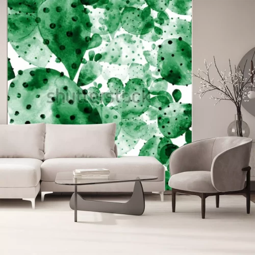 Sticker Aquarel raster naadloze bloemmotief. Hand klikken op gebruikelijke cactus. Ongebruikelijke cactustextuur.