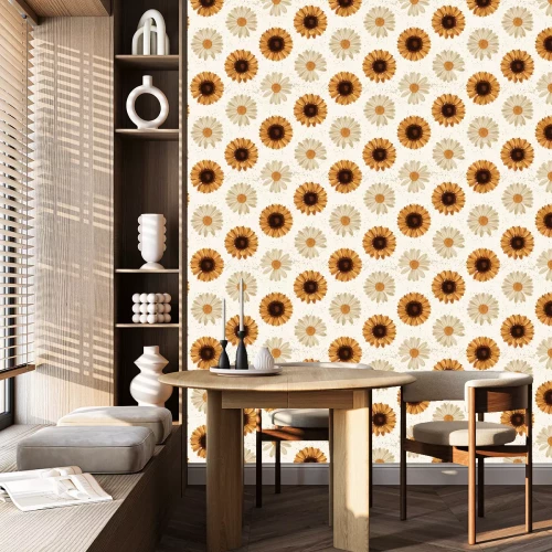Behang Retro zonnebloemen en madeliefjes