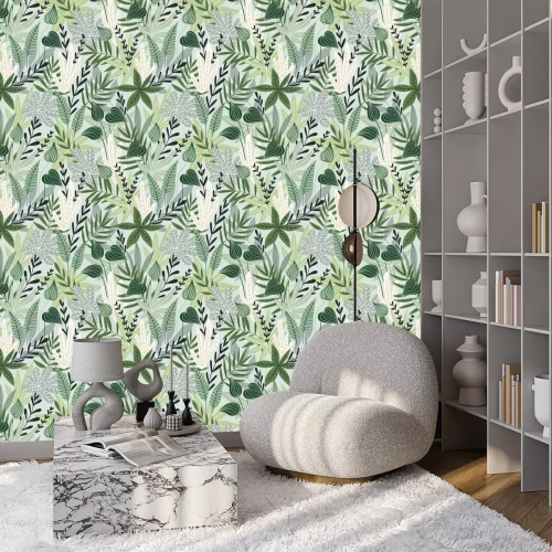 Behang Exotische planten op een lichtgroene achtergrond