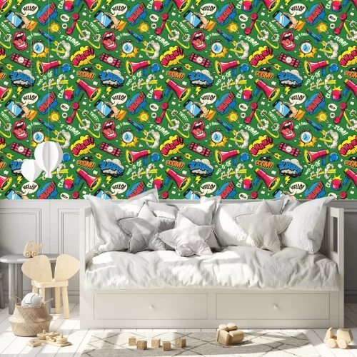 Behang Cartoon pop-art stijlitems op groene achtergrond
