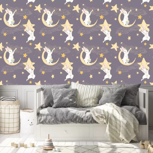 Behang Konijntjes tussen de sterren en de maan