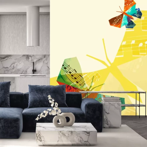 Sticker Origamivlinder met muzieknoten. Illustratie van kleurrijke achtergrond met origamivlinders met muzieknoten. Concept voor klassieke muziek.