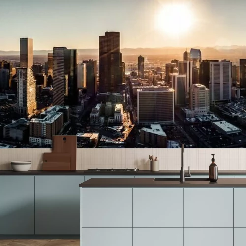 Fotobehang Luchtfoto drone - Stad van Denver Colorado bij zonsondergang
