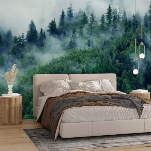 Fotobehang Mistig landschap met bos en ochtendmist