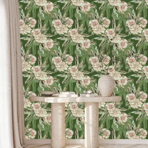 Behang Bloemen op groene achtergrond