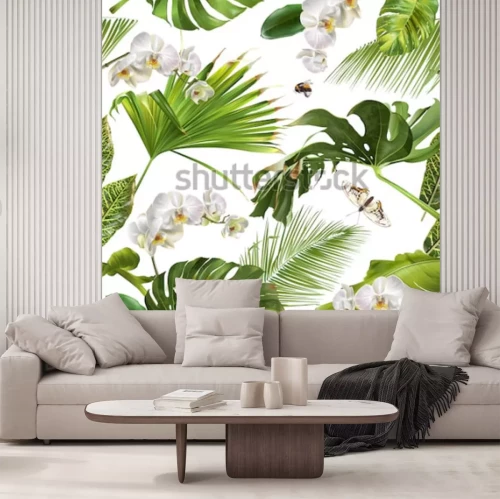 Fotobehang Tropische bladeren en vlinders